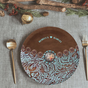 turquoise brown leather cowboy country western paper plate