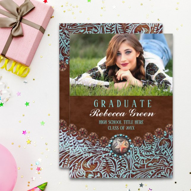 turquoise brown leather western graduation party invitation (turquoise brown leather western graduation party invitation)