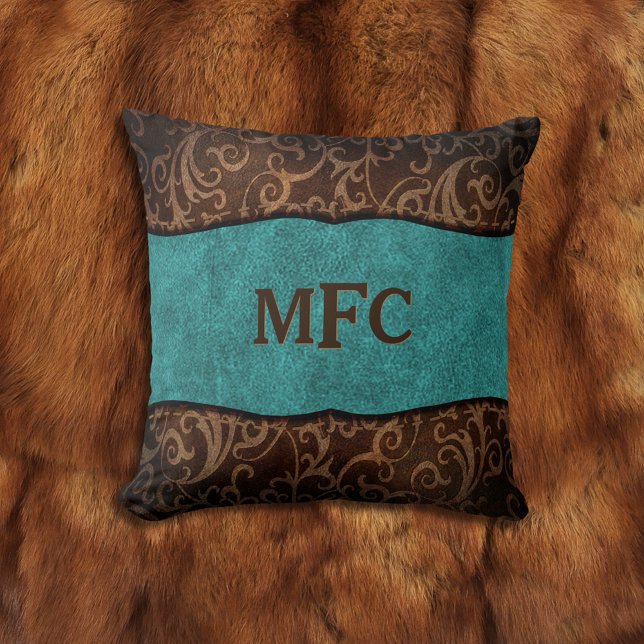 Turquoise Brown Old World Vegan Leather Monogram Cushion (Creator Uploaded)