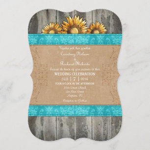 Turquoise Brown Rustic Sunflower Wedding Invite
