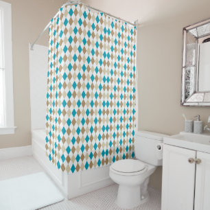 TURQUOISE BROWN TAN DIAMOND PATTERN SHOWER CURTAIN