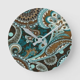 Turquoise Brown Vintage Paisley 2022 Round Clock