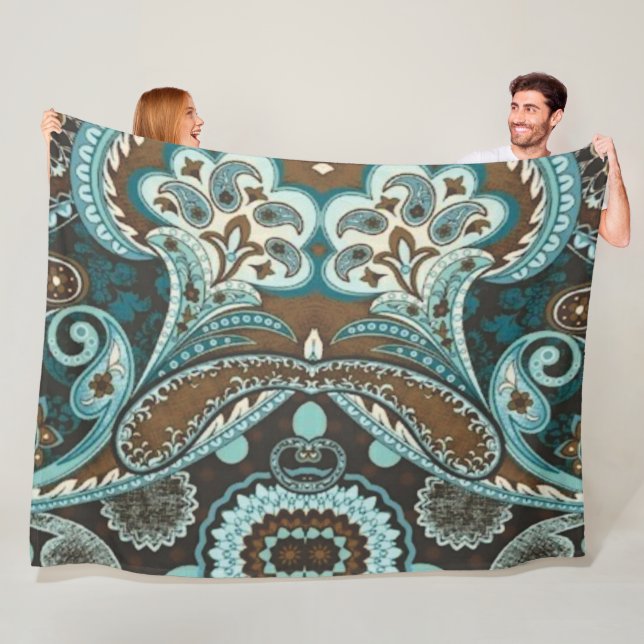 Turquoise Brown Vintage Paisley 3 Fleece Blanket (In Situ)