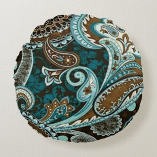 Turquoise Brown Vintage Paisley Round Cushion