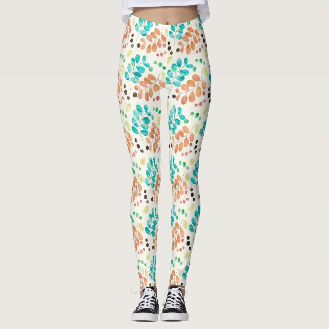 Turquoise & Brown Watercolor Leaf Pattern Leggings (Front)