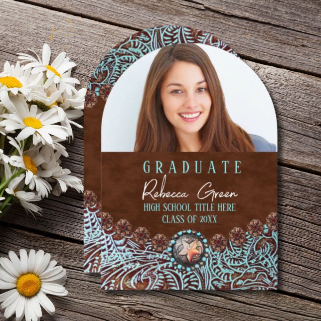 Turquoise Brown Western Country Graduation Photo Invitation (Turquoise Brown Western Country Graduation Photo Invitation)