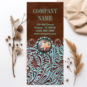 turquoise brown western country tooled leather rack card
