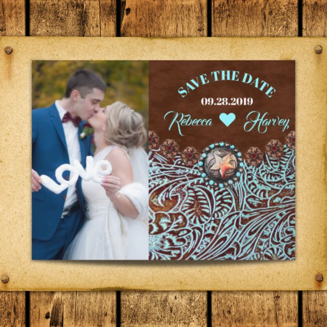 turquoise brown western wedding save the date announcement postcard (turquoise brown western wedding save the date announcement postcard)