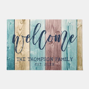 Turquoise Brown Wood Brush Script Welcome Doormat