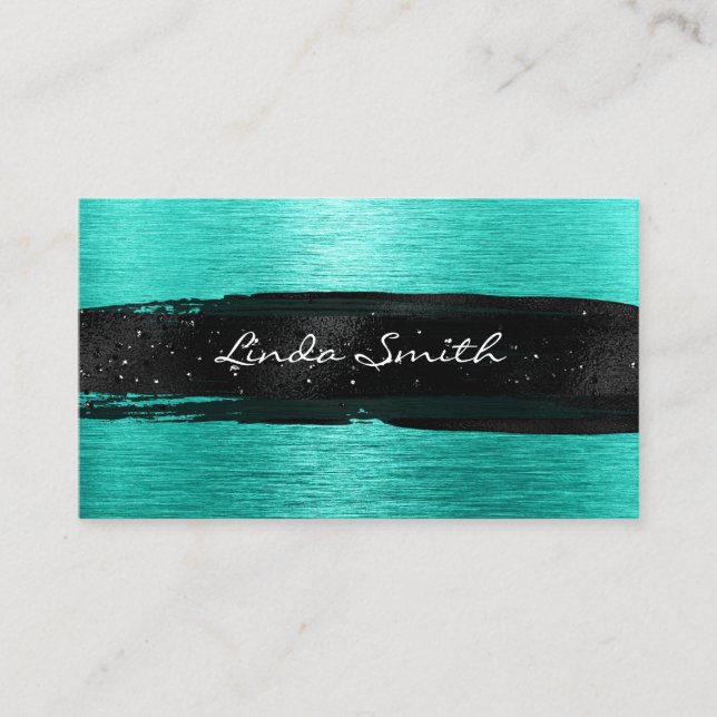 Turquoise Brushed Metal Black Brush Strokes Business Card (Front)