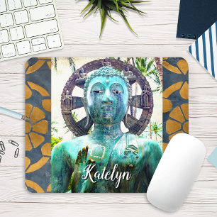 Turquoise Buddha Antique Gold Mosaic Photo Name Mouse Pad