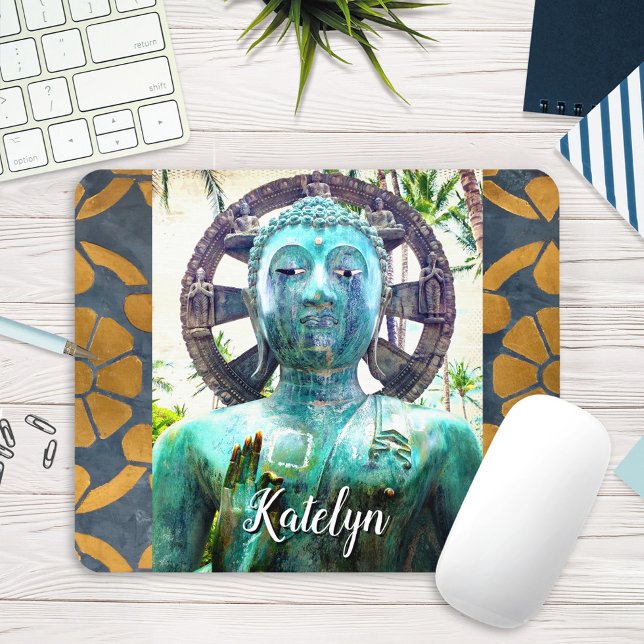 Turquoise Buddha Antique Gold Mosaic Photo Name Mouse Pad (Creator Uploaded)