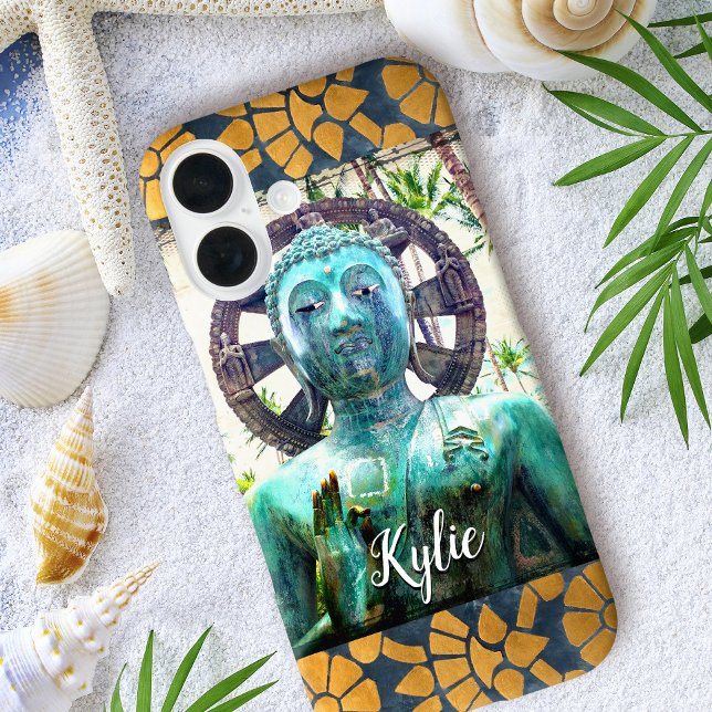 Turquoise Buddha Gold Blue Mosaic Tile Custom Name Case-Mate iPhone Case (Creator Uploaded)