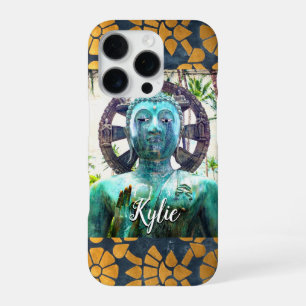 Turquoise Buddha Photo Bold Blue Gold Mosaic Name iPhone 16 Pro Case