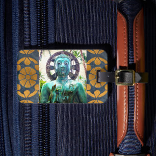 Turquoise Buddha Photo Peace Quote Antique Mosaic Luggage Tag