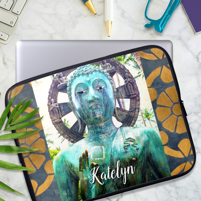 Turquoise Buddha Statue Gold Mosaic Custom Name Laptop Sleeve (Creator Uploaded)