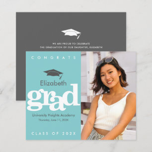 Turquoise Budget Photo Graduation Cap Bold Invite