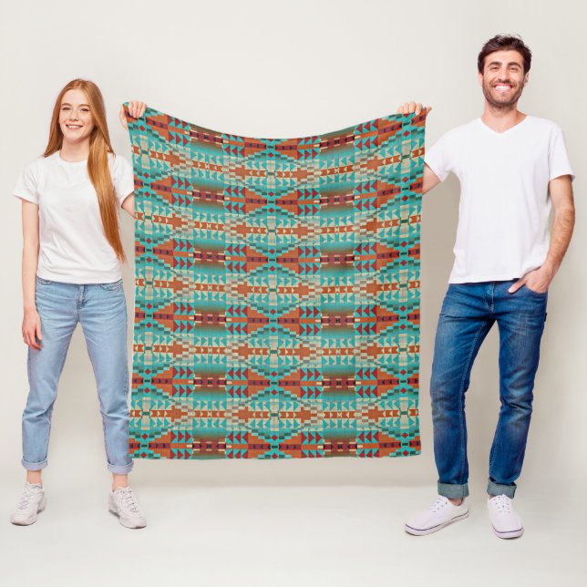 Turquoise Burnt Orange Brown Mosaic Art Pattern Fleece Blanket (In Situ)