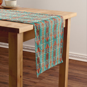 Turquoise Burnt Orange Brown Mosaic Pattern Medium Table Runner