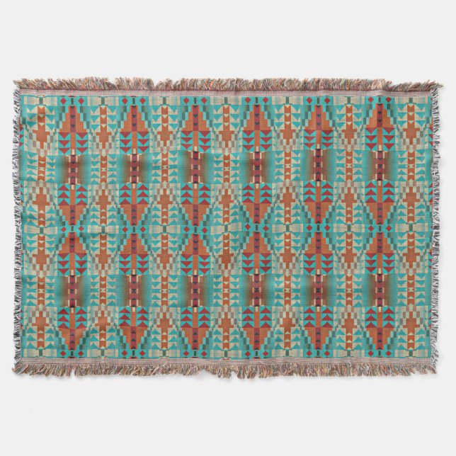 Turquoise Burnt Orange Brown Mosaic Pattern Throw Blanket (Front)