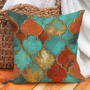 Turquoise Burnt Orange Moroccan Quatrefoil Cushion