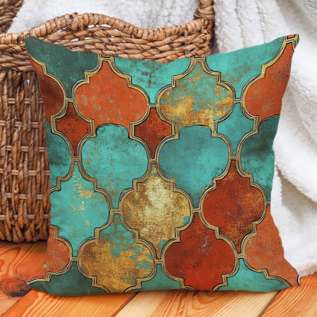Turquoise Burnt Orange Moroccan Quatrefoil Cushion (Turquoise and burnt orange pillow)