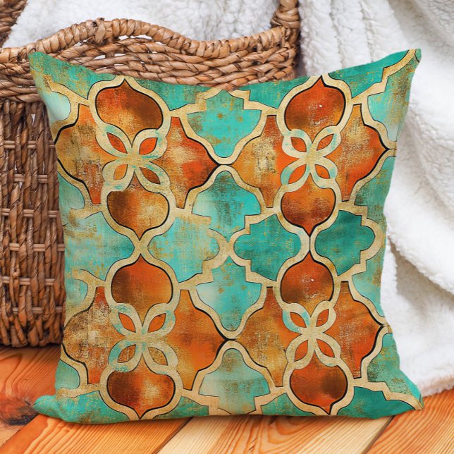 Turquoise Burnt Orange Moroccan Tile Boho  Cushion (Turquoise Burnt Orange Moroccan Tile Boho Throw Pillow)