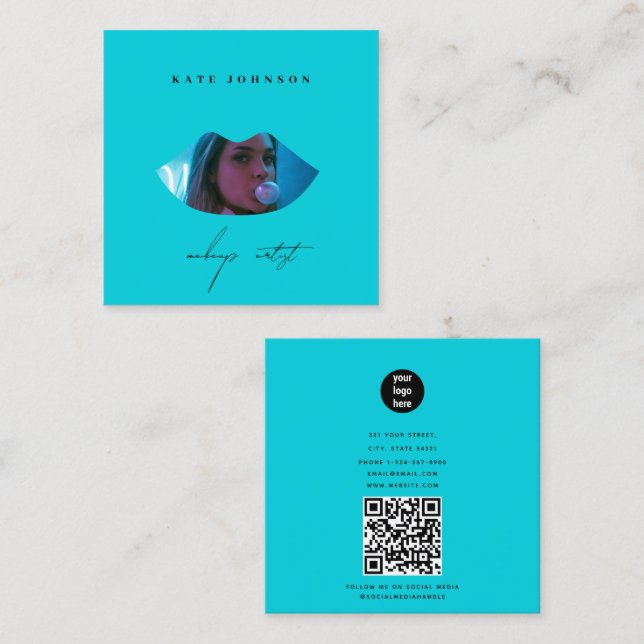 Turquoise Business Logo Photo Makeup Artist Lip Square Business Card (Front/Back)