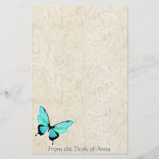 Turquoise Butterfly Faux Handmade Paper Stationery (Front)