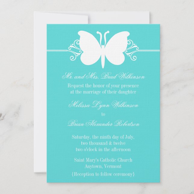 Turquoise Butterfly Swirls Wedding Invite (Front)