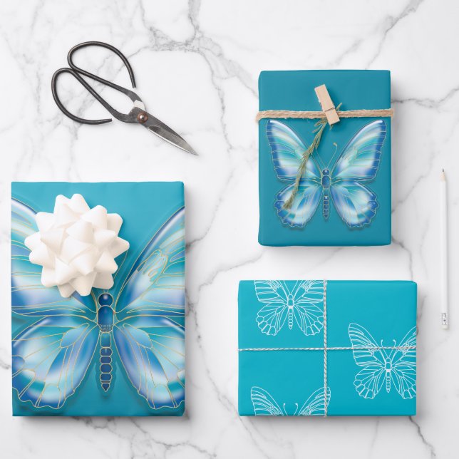 Turquoise Butterfly Wrapping Paper Sheet (Front)