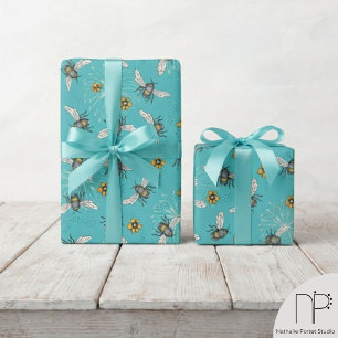 Turquoise Buzzing Spring Summer Honeybee Wrapping Paper
