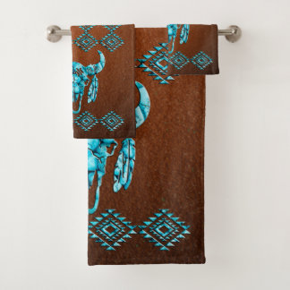 Turquoise Carved Buffalo Skull Graphic Bath Towel Set