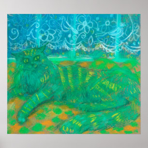 Turquoise Cat Pastel Painting Pet Animal Portrait Poster