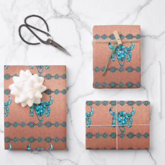 Turquoise Ceremonial Buffalo Skull  Wrapping Paper Sheet