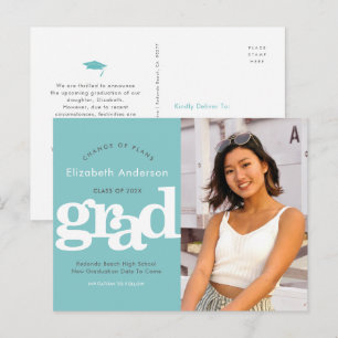 Turquoise change plans graduation bold typography invitation postcard