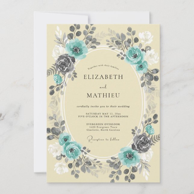Turquoise Charcoal Peony Wedding Invitation (Front)