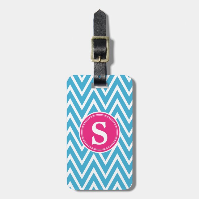 Turquoise Chevron Custom Monogram Luggage Tag (Front Vertical)