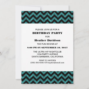 Turquoise Chevron Glitter Birthday Party Invite