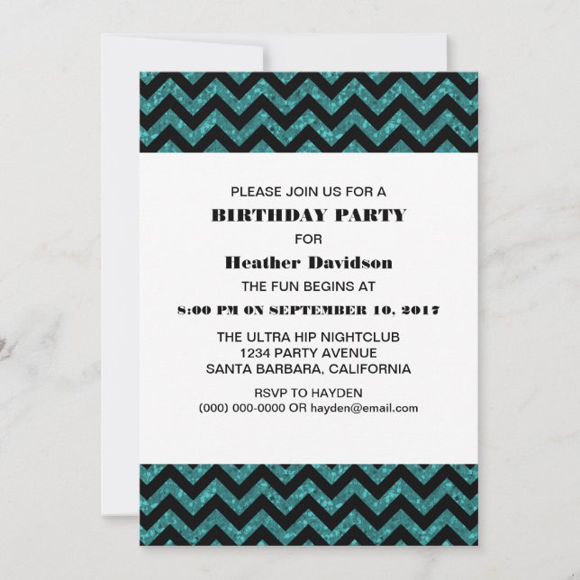 Turquoise Chevron Glitter Birthday Party Invite (Front)