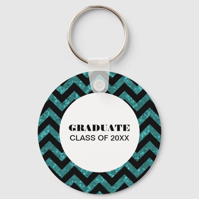 Turquoise Chevron Glitter Graduation Keychain (Front)