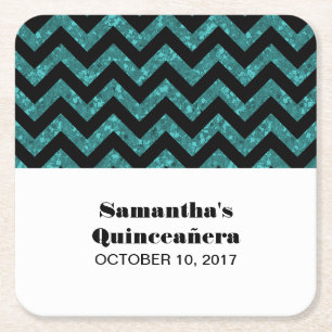 Turquoise Chevron Glitter Quinceañera Coasters