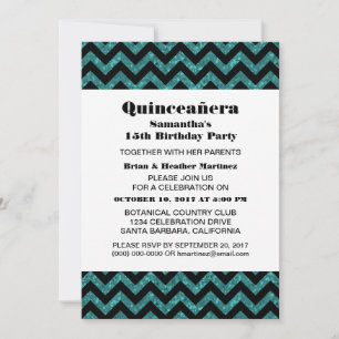 Turquoise Chevron Glitter Quinceañera Party Invite