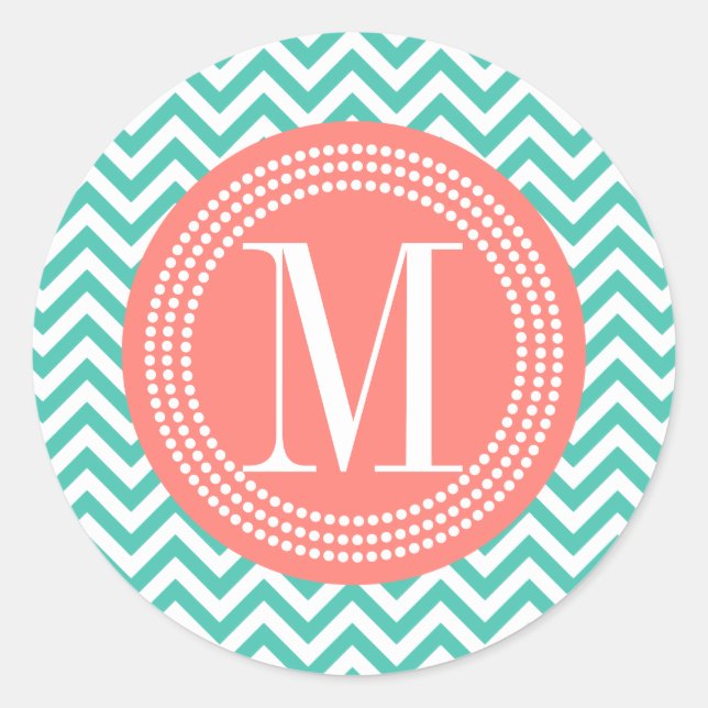 Turquoise Chevron Zigzag Personalised Monogram Classic Round Sticker (Front)