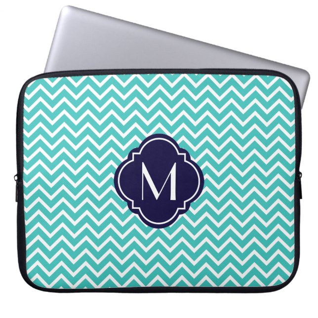 Turquoise Chevron Zigzag Stripes with Monogram Laptop Sleeve (Front)