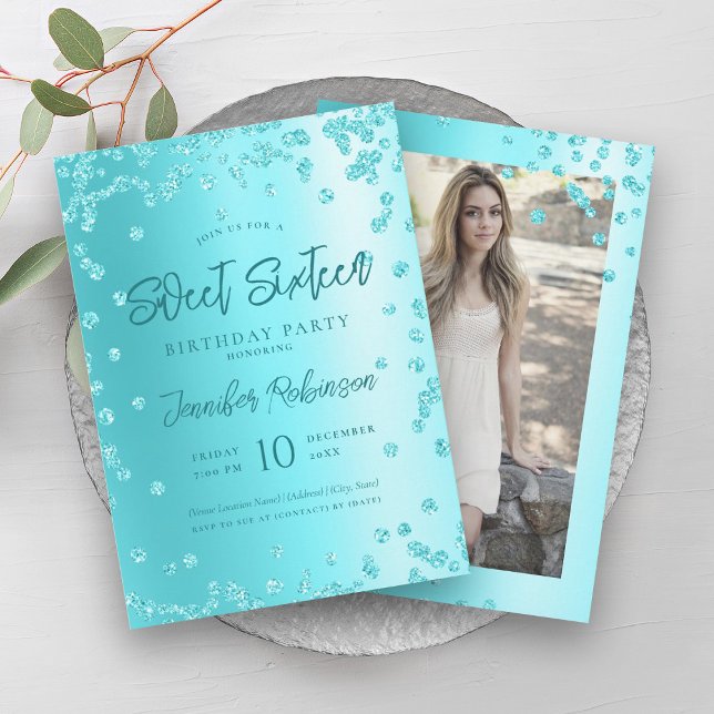 Turquoise Chic Glitter Photo Sweet 16   Invitation (Turquoise Chic Glitter Photo Sweet 16 Invitation)