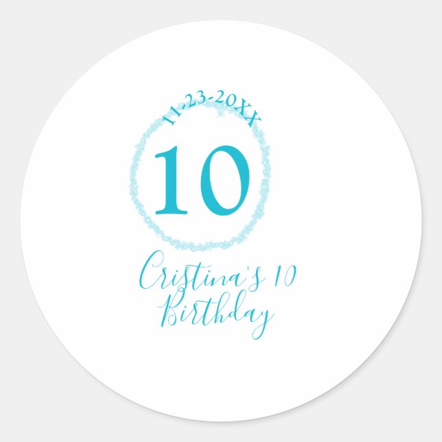 Turquoise circle. Round glitter 10th birthday bold Classic Round Sticker (Front)
