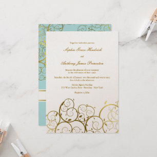 Turquoise & Classy Golden Spirals Elegant Wedding Invitation