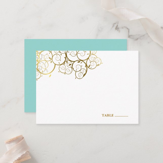 Turquoise & Classy Golden Spirals Elegant Wedding Place Card (Front/Back In Situ)