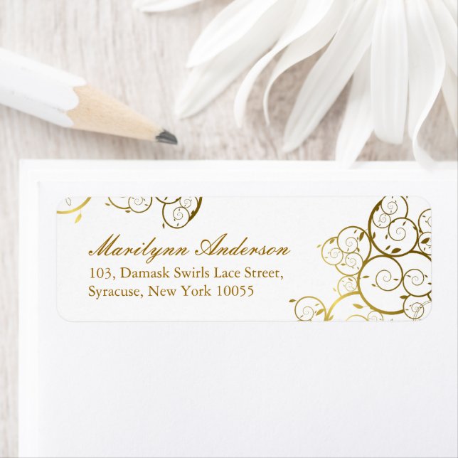 Turquoise & Classy Golden Spirals Elegant Wedding Return Address Label (Insitu)